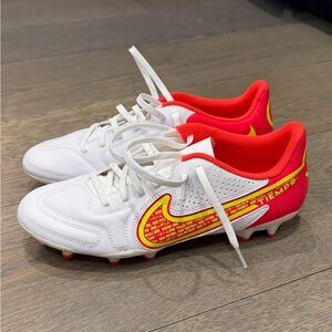 Child Nike Tiempo White Soccer Cleats with Red and Neon Yellow Accents. NEW. 7.5